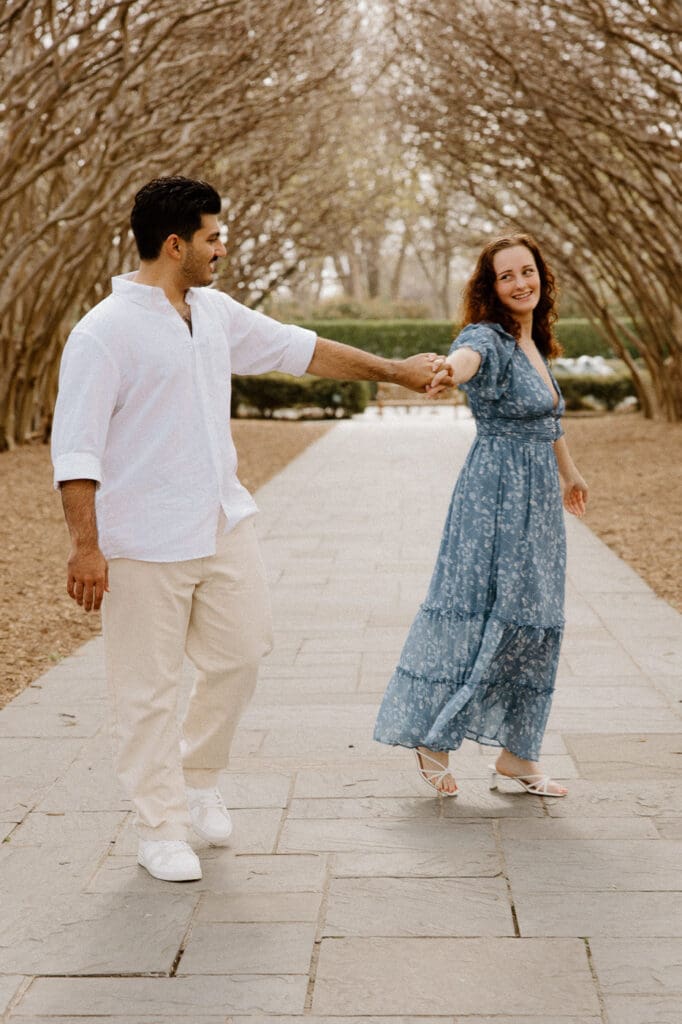 Dallas arboretum engagement photos dancing